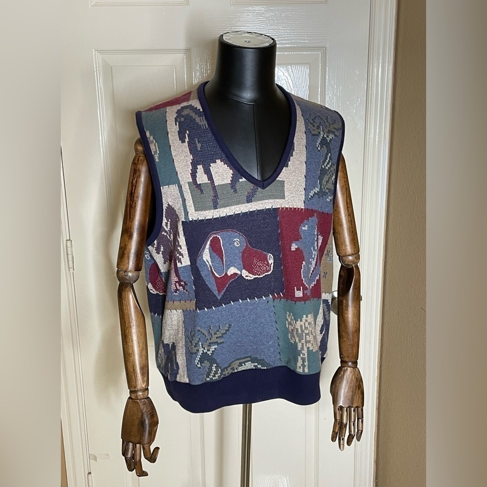 Vintage 90s Mens Flannel Finish Cotton Knit Vest L Patchwork Outdoors Structure 